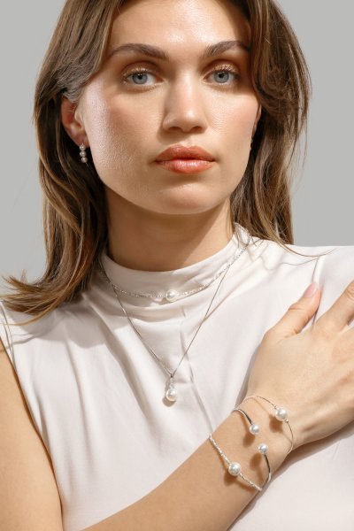 Pearl End Cuff Bracelet - Silver Plated