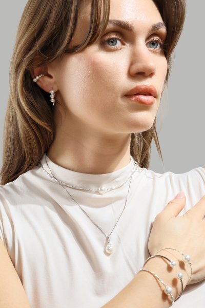 Pearl End Cuff Bracelet - Silver Plated